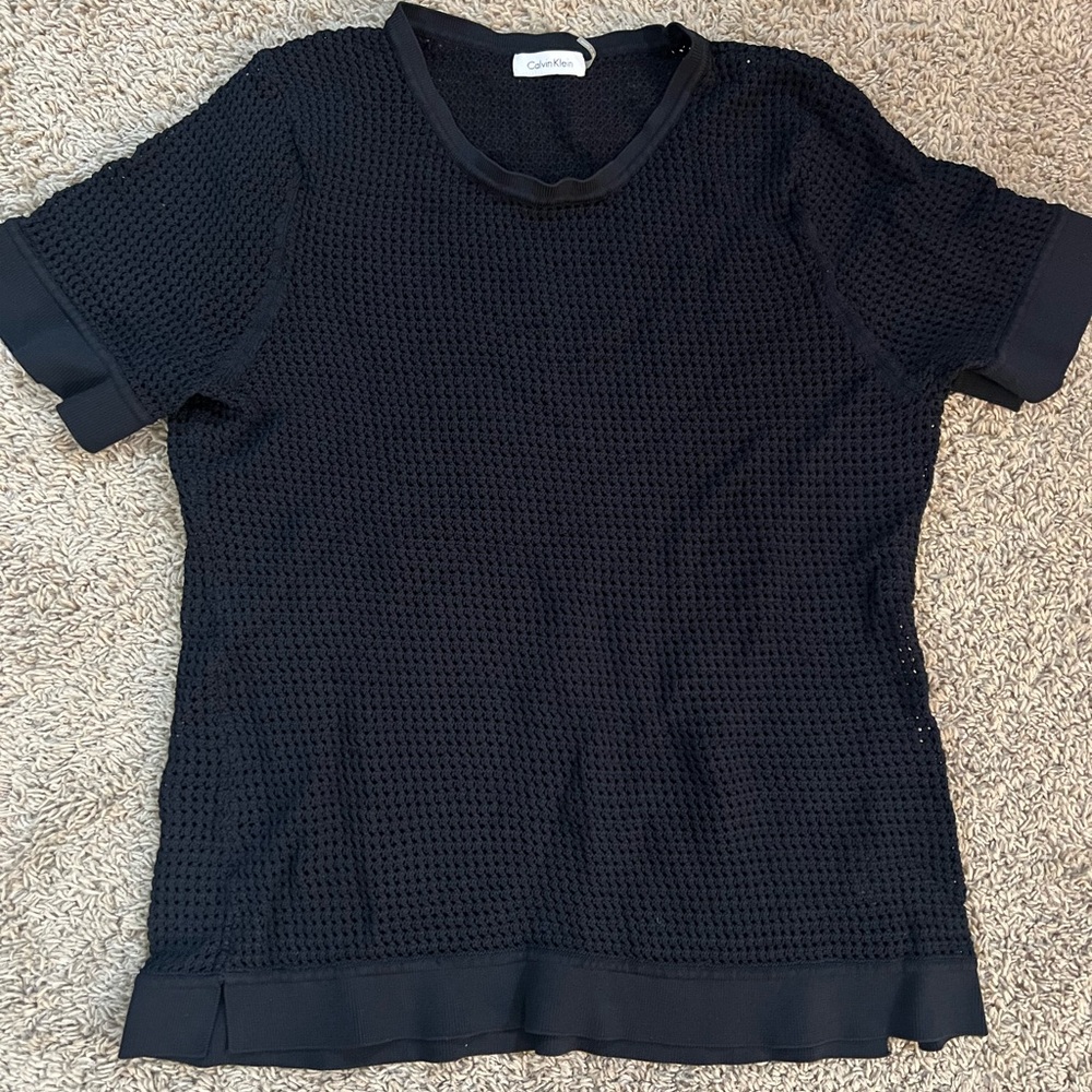 Calvin Klein Black Open Knit Short Sleeve Sweater Size Large